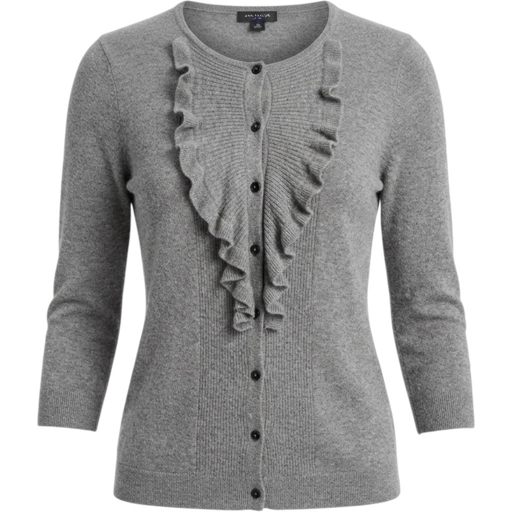 Ann Taylor Womens XS Gray Wool Silk Cashmere Ruffle Front Cardigan Quiet Luxury